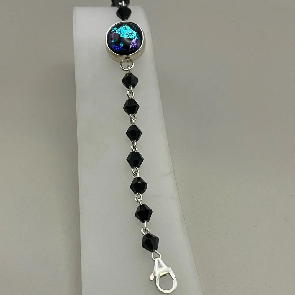 Black and Sterling Silver Beaded Bracelet with Fused Glass Center as an Accent